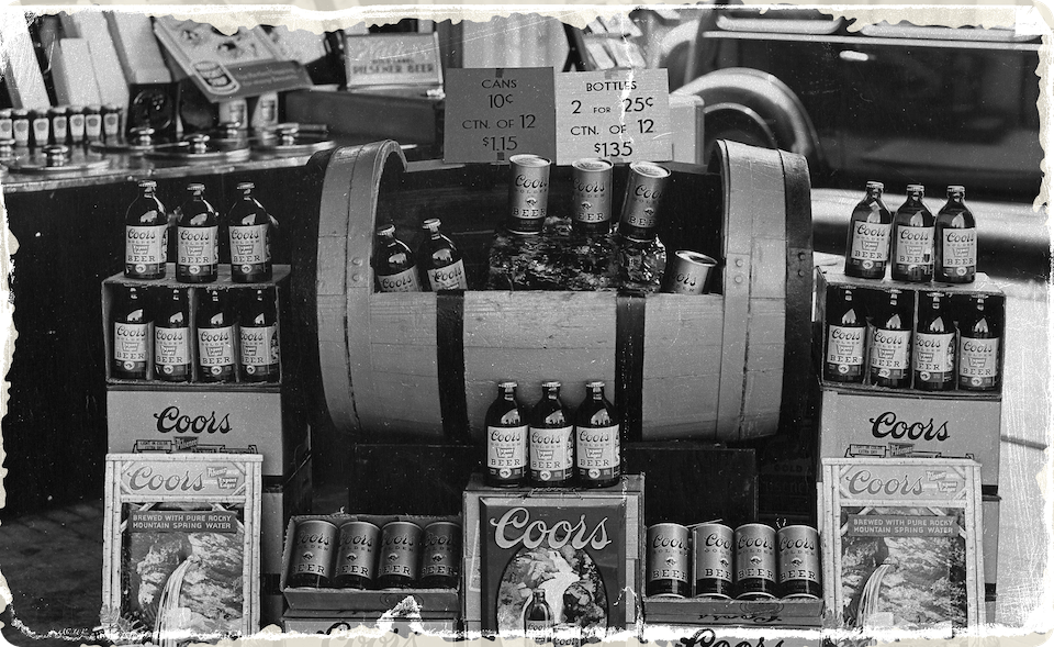 Coors bottles and barrel